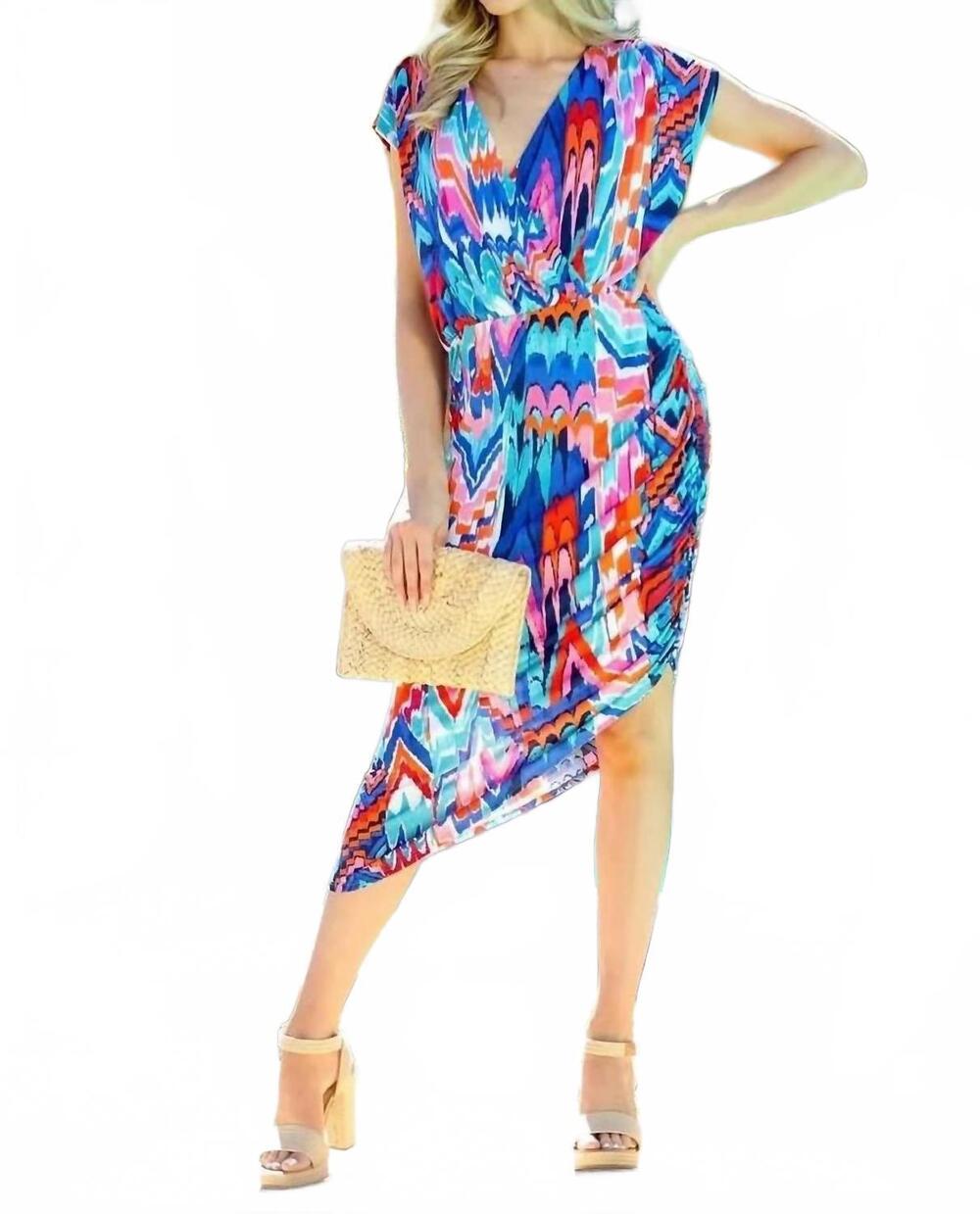 NEW VERONICA M shirred asymmetrical dress in multicolor